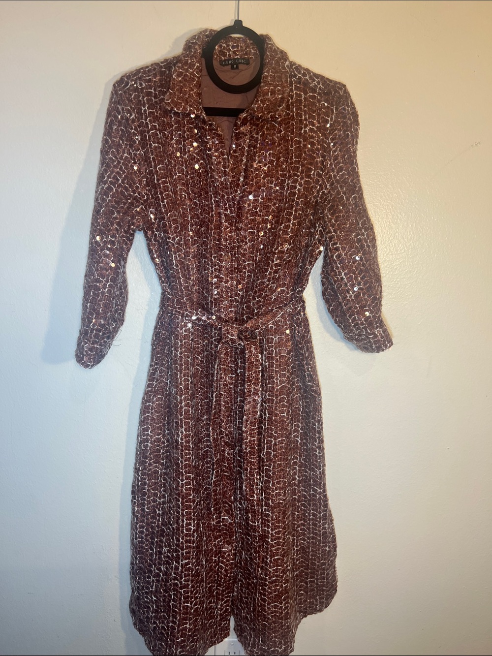 Boho Chic Sequin Embellished Brown White Midi Shirt Dress Tie Waist Medium
